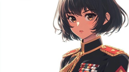 Anime girl, brown hair, military uniform, serious expression, close-up portrait.