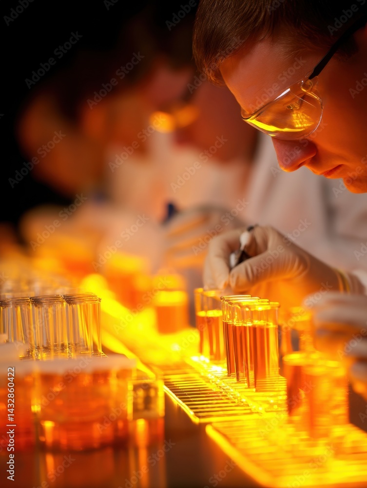 Poster focused scientist examining liquid samples in a laboratory setting with safety glasses and lab coat 