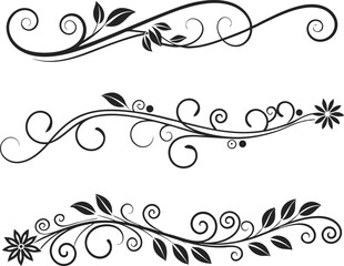 Elegant Floral Divider and Swirl Ornament Line Design Set. Decorative Line Flourishes and Vintage Calligraphic Elements. Black Floral Divider and Filigree Ornament Line Art Collection