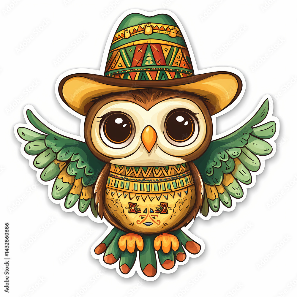Poster colorful owl in a cowboy hat with intricate patterns and wide wings generative ai