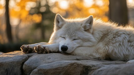 Obraz premium Relaxed fluffy white dog resting on gray couch peaceful home interior scene