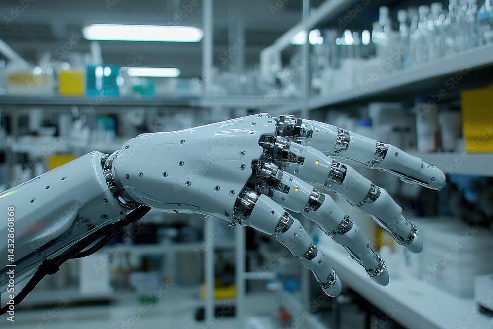 Poster white robotic hand reaches out in a laboratory setting with blurred background. use it for future, a