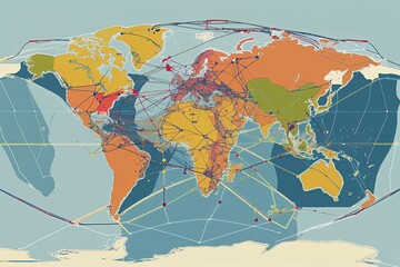 Stylized World Map Featuring Interlinked Lines and Points Showcasing Global Trade and Cultural Connections