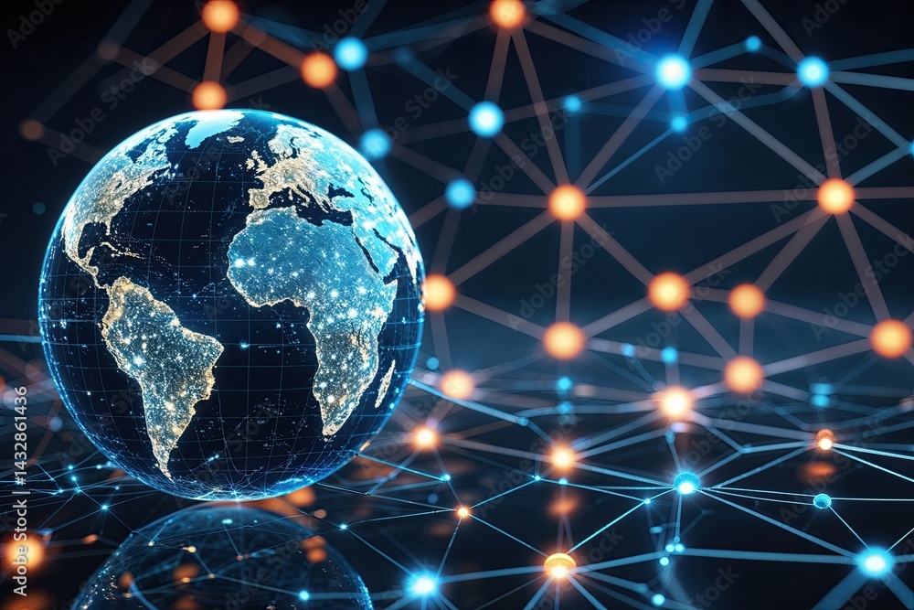 Poster global networking and communication through digital mesh design featuring a globe and interconnected