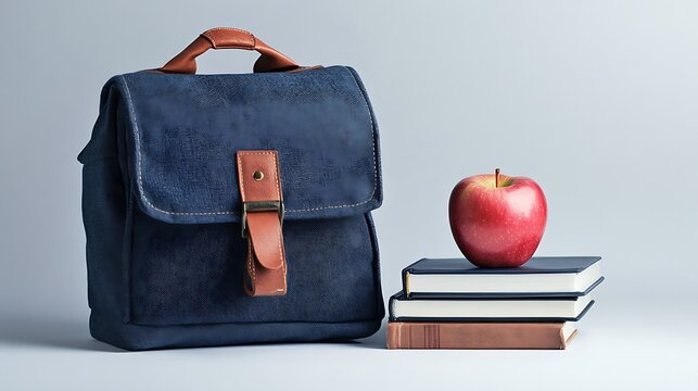 Red backpack with books and apple isolated on white background. Back to school concept. - Powered by Adobe