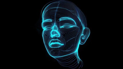 A futuristic wireframe human face glowing with neon blue lines on a dark background.