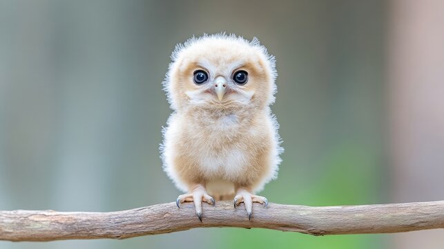 Tiny fluffy baby owl perches on a thin wooden branch against a soft blurred green background.
