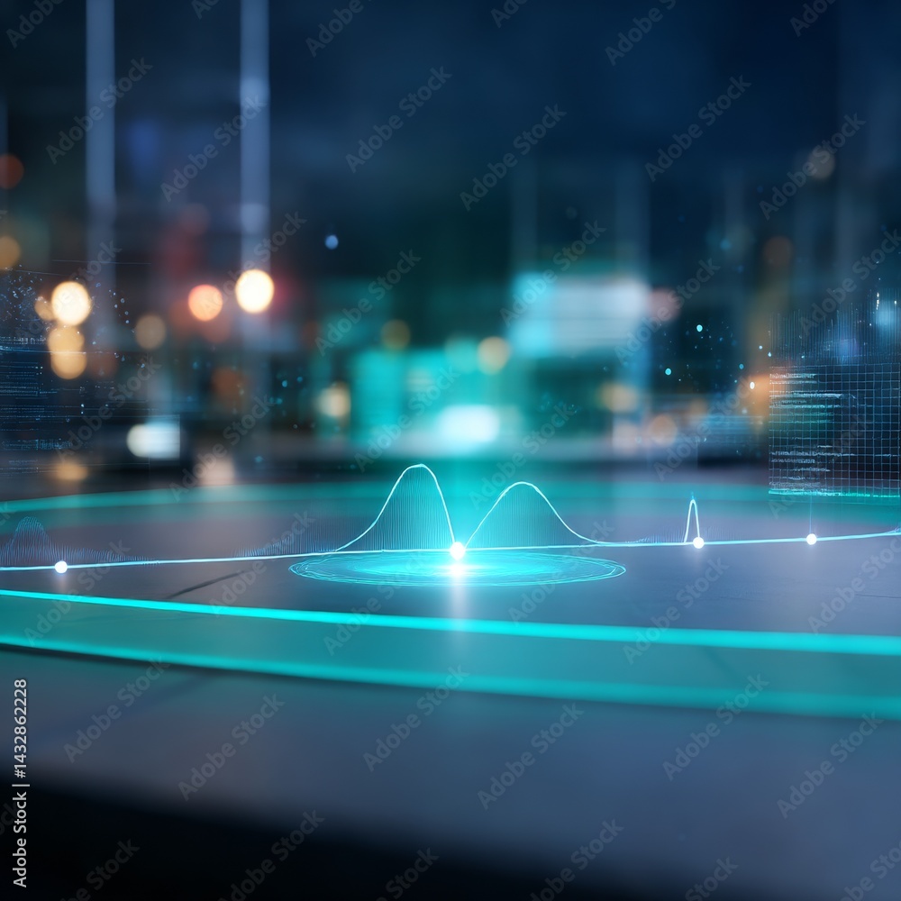 Poster data analysis interface with glowing graph and cityscape background, depicting technological advance