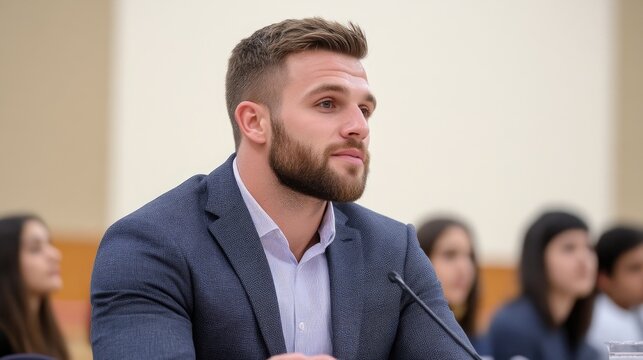 Professional young man with a beard wearing a blue suit speaks at a conference microphone during a business panel discussion.