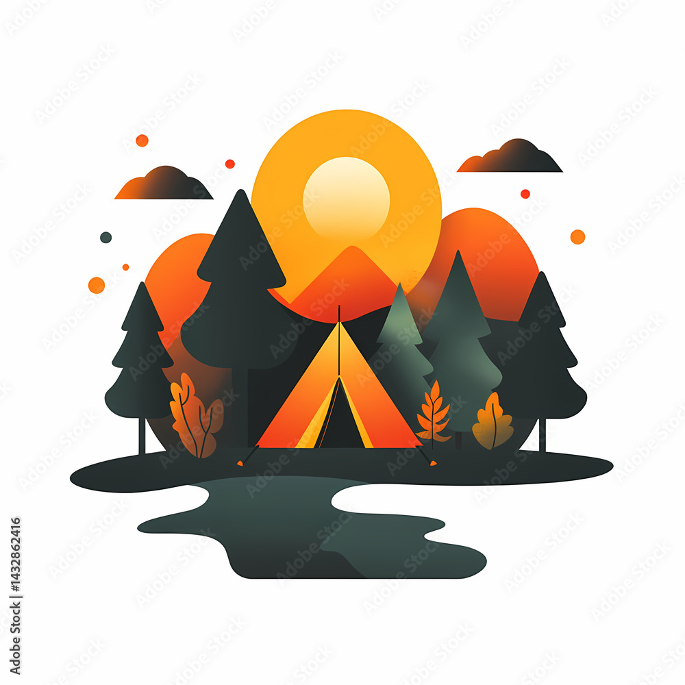 Poster Camping under the sunset with mountains and trees in the background Generative AI