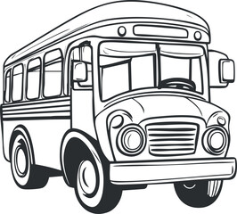 Black and white line art illustration of a school bus front and side view icon