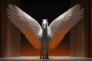 Majestic pegasus sculpture with outstretched wings in a dramatic setting.
