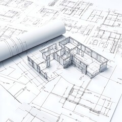 rendering of a house with blueprints on blue sky background