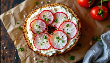 Fototapeta premium Toasted bagel with cream cheese and radish slices, top down composition
