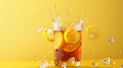 A refreshing splash of iced tea with floating lemon slices against a soft yellow backdrop.