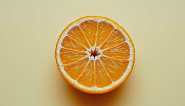 Single orange fruit cut in half on light yellow background, clean and bold