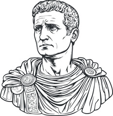 Black and white line drawing of an ancient Roman bust sculpture depicting a classical male figure with detailed clothing and expression.