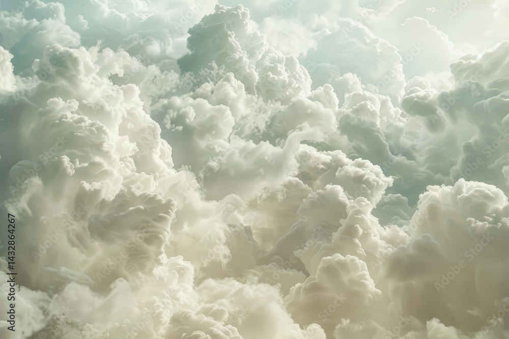 Poster a close-up view of a sky filled with puffy white clouds, creating a textured and dimensional scene, 