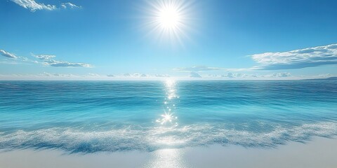 Obraz premium Sunlit beach with blue sky, white clouds, distant mountains, and gentle waves.