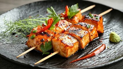 A gourmet dish served on a matte black plate.