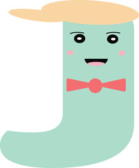 Cute and cheerful letter J character in pastel green with a happy face, wearing a peach-colored hat and a pink bow tie. 