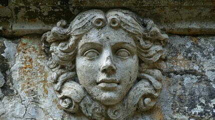 Obraz premium A Greek mythology-inspired stone face, resembling a god or goddess.