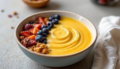 Mango smoothie bowl on right edge