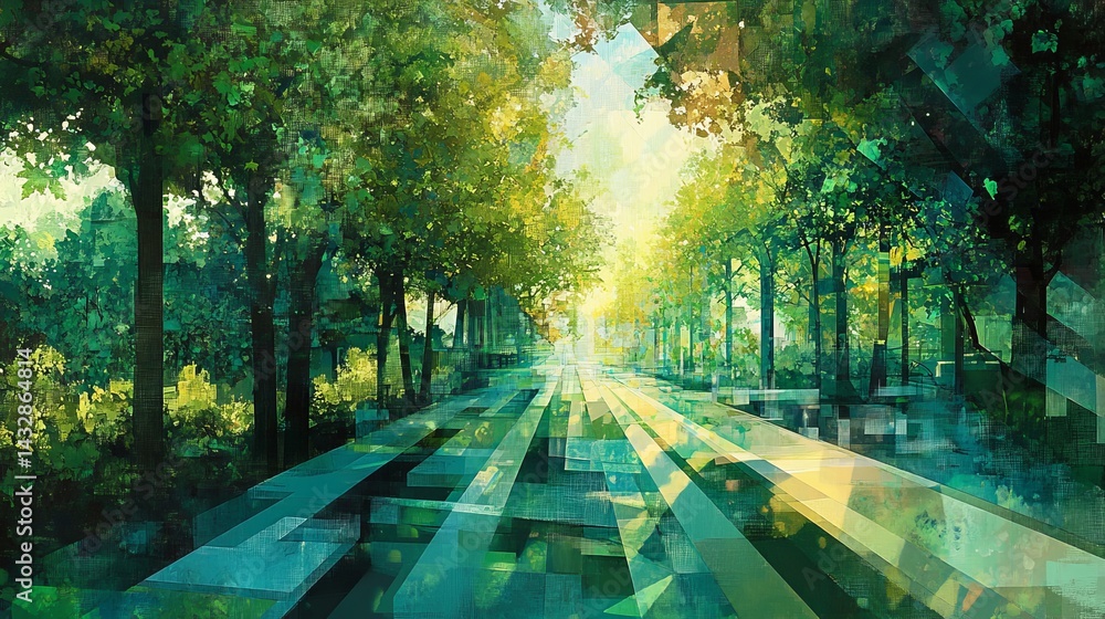 Poster sun rays shining through trees in a forest creating a bright path.