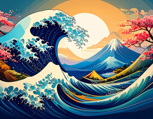 Stylized Japanese Ocean Art Sunset Horizon Design