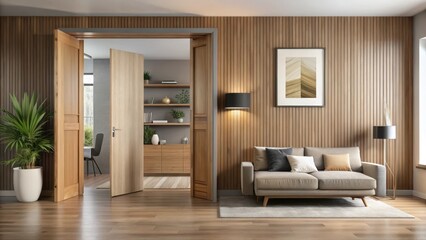 Fototapeta premium A wooden door with a modern design is opened to reveal a living room interior with sleek furniture and minimal decor, wooden door entrance, architectural feature