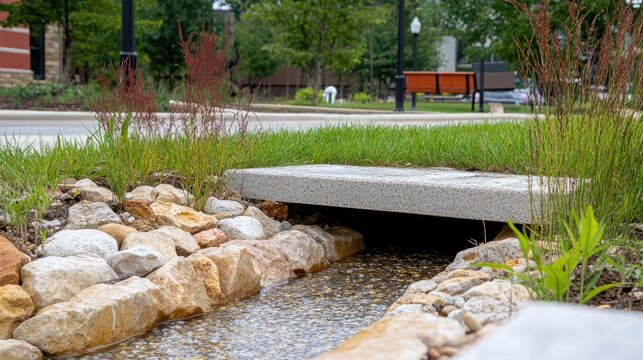 Drainage channel end outlet with riprap apron discharging to grass swale