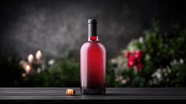 A bottle of red wine stands on a dark wooden table with a cork nearby, set against a festive blurred background with lights.
