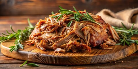 Tender pulled pork shoulder with fresh rosemary sprigs arranged artfully on a rustic wooden cutting board, set against a warm and cozy background , meal prep, rustic