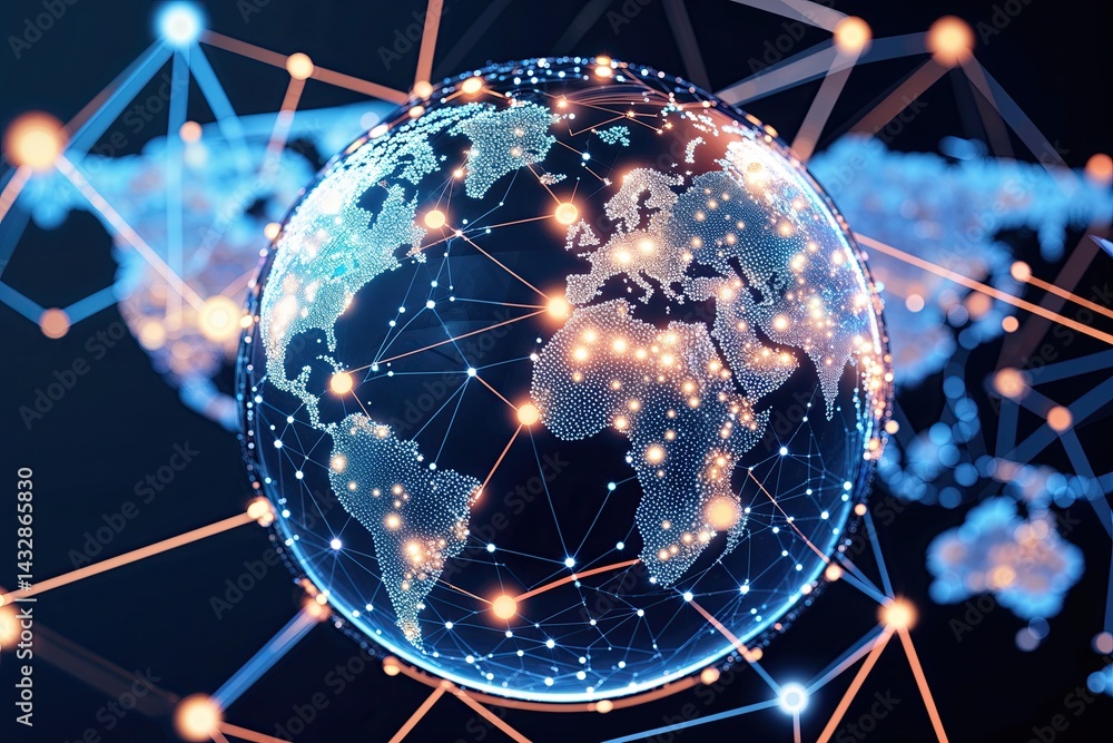 Poster digital sphere and connected lines symbolizing innovation and connectivity in global technology netw