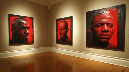 Powerful portraits, three figures in bold red hues, gallery setting