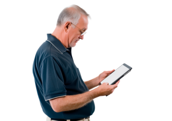 Elderly man using tablet isolated on transparent background
