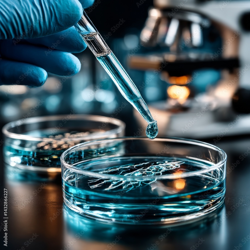 Aufkleber laboratory research: close-up of a scientist adding liquid to a petri dish in a medical research set