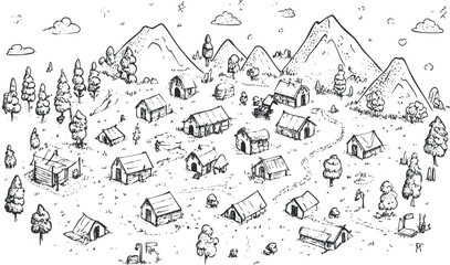 Hand drawn black and white sketch of a peaceful mountain village with scattered huts and trees