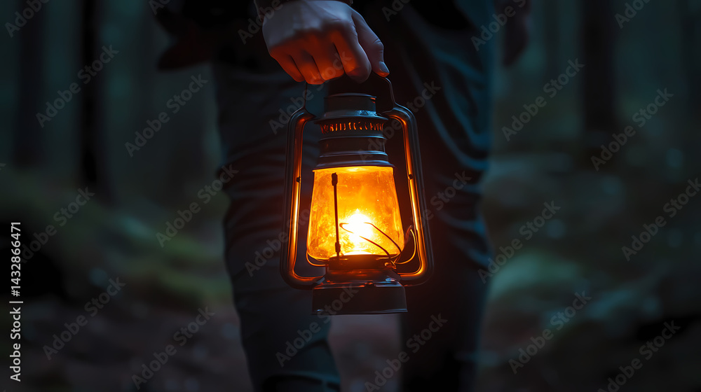 Poster walking through the forest at dusk with a glowing lantern in hand generative ai