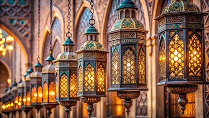 Ornate lanterns with intricate designs and patterns adorn the exterior of a sacred mosque, adding an air of mystique and beauty to the structure , pattern, ornate