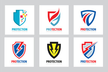 Shield protection vector logo set concept illustration. Abstract shield icon signs. Graphic design elements.