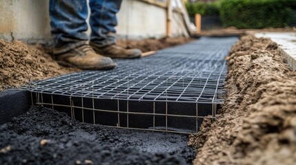Geogrid and geotextile layers exposed in road foundation excavation