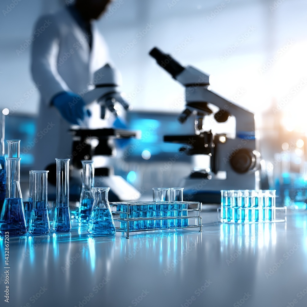 Aufkleber modern laboratory setup: microscopes, test tubes, and scientist at work in a sterile environment for