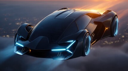 Naklejka premium Futuristic, dark-colored flying vehicle soaring above city lights.