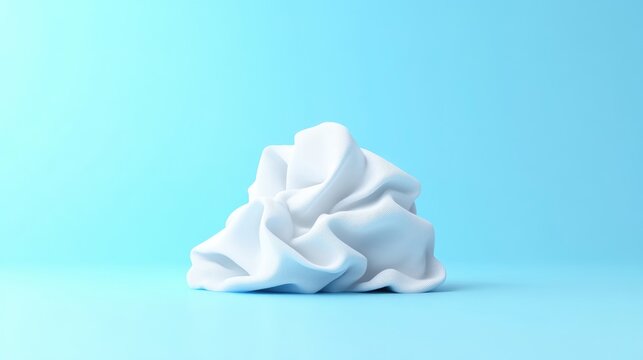 A minimalist 3D render of a crumpled piece of soft white fabric resting on a solid light blue background, showcasing clean folds and soft shadows.