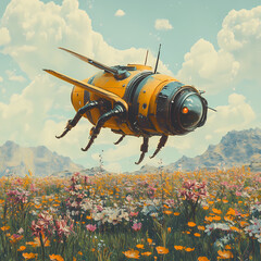 Futuristic robotic bee hovering over vibrant flower field in daylight Generative AI