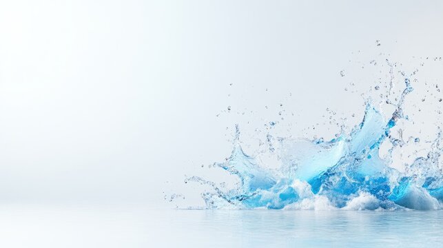 Dynamic blue water splash with flying droplets on a clean reflective studio background.