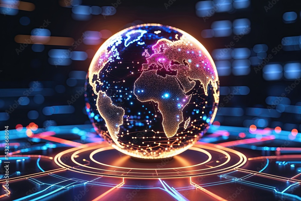 Poster neon circuit globe rotating to showcase global data exchange and connectivity