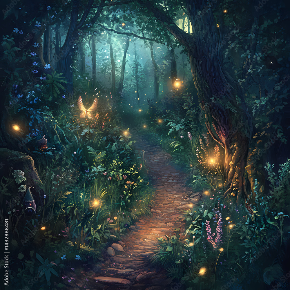 Aufkleber enchanting forest path illuminated by glowing fireflies at twilight generative ai