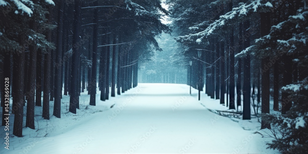 Aufkleber serene winter pathway through snowy forest with tall trees and soft light